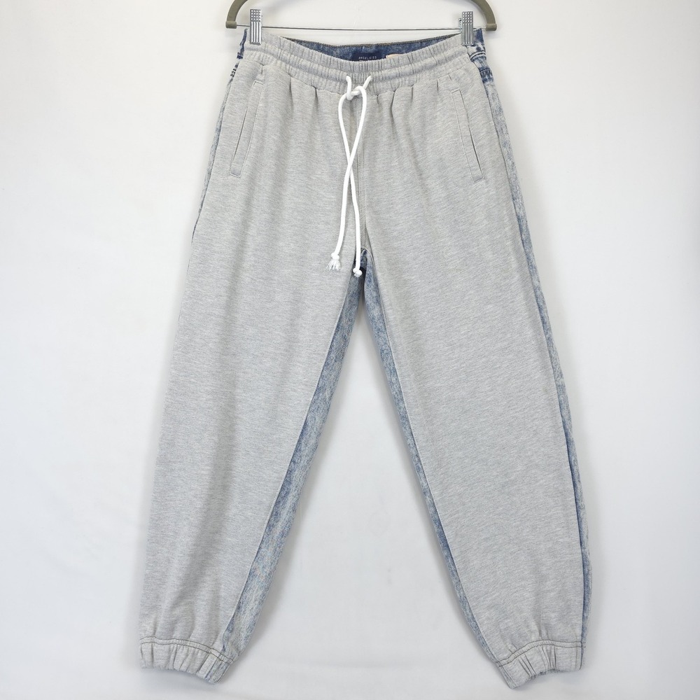 Angel Kiss Jogger Women 7/28 Mix Media Pants Blue Denim Gray Sweatpants Drawstri